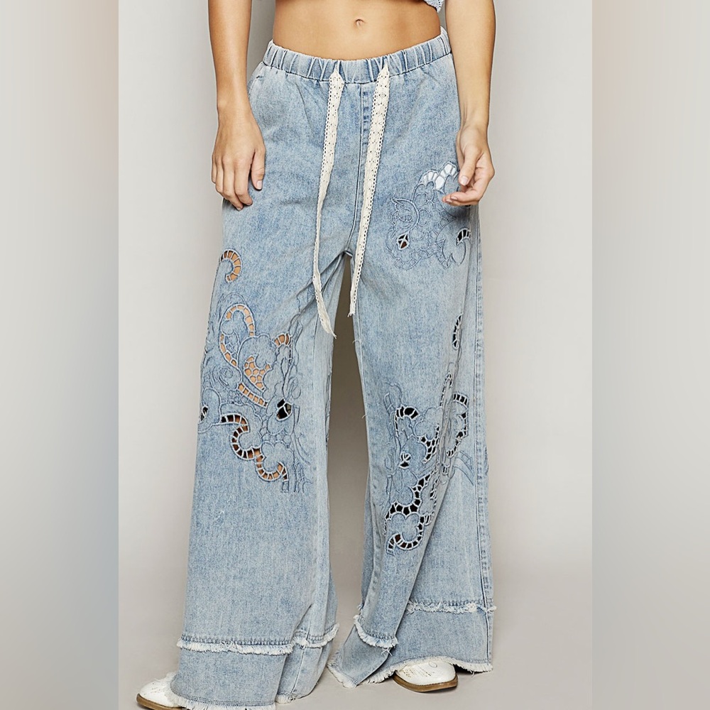 POL Light Blue Embroidered Wide Leg Jeans